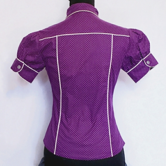Short-Puffed-Sleeved dress top. Purple with White Polka dots. - Picture 2 of 4